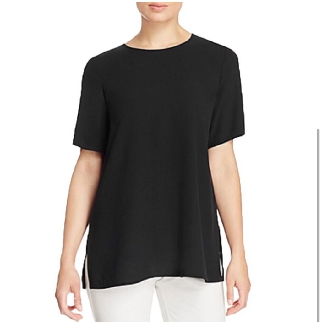 Nwt. Eileen Fisher Silk Georgette Crepe Roundneck Box Top. Small. Black.